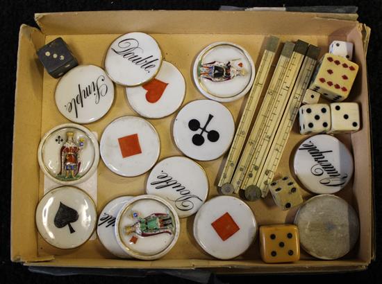Collection porcelain whists, gaming counters, two ivory folding rules etc.